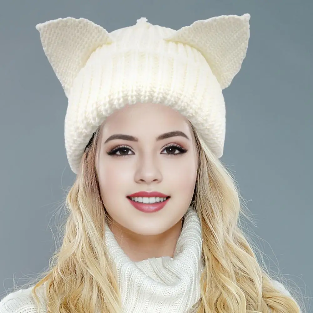 Demon Ear Hat Warm Stylish Women's Winter Hat with Demon Ear Design Knitted Elastic Beanie for Cold Weather Outdoor Activities