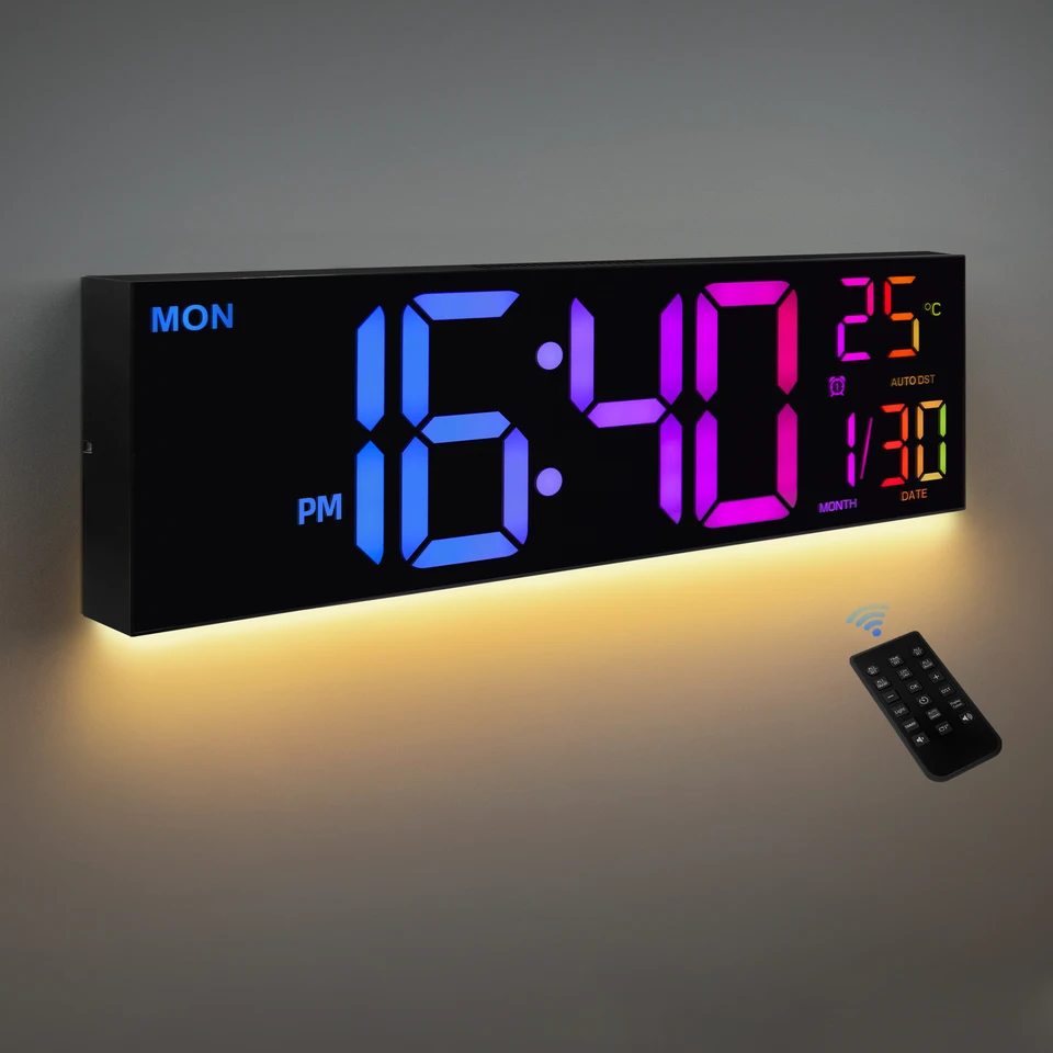 Large Digital Wall Clock with Remote RGB Display