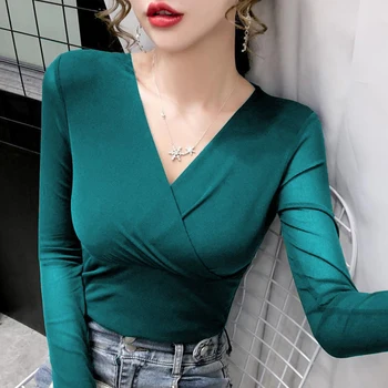 New Fashion Slim Stretch V Neck Tops Women Sexy Elastic Tees S-4XL Basic Long Sleeve T-shirt Ladies Red Purple Black White Shirt