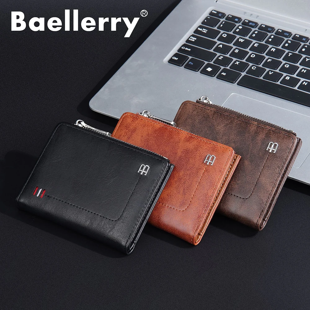 Baellerry Men's PU Wallet, Anti - Demagnetization, Zipper Coin Pocket, 6 Card Slots, Compact Bifold Purse for ID/CC, Fashion Mal