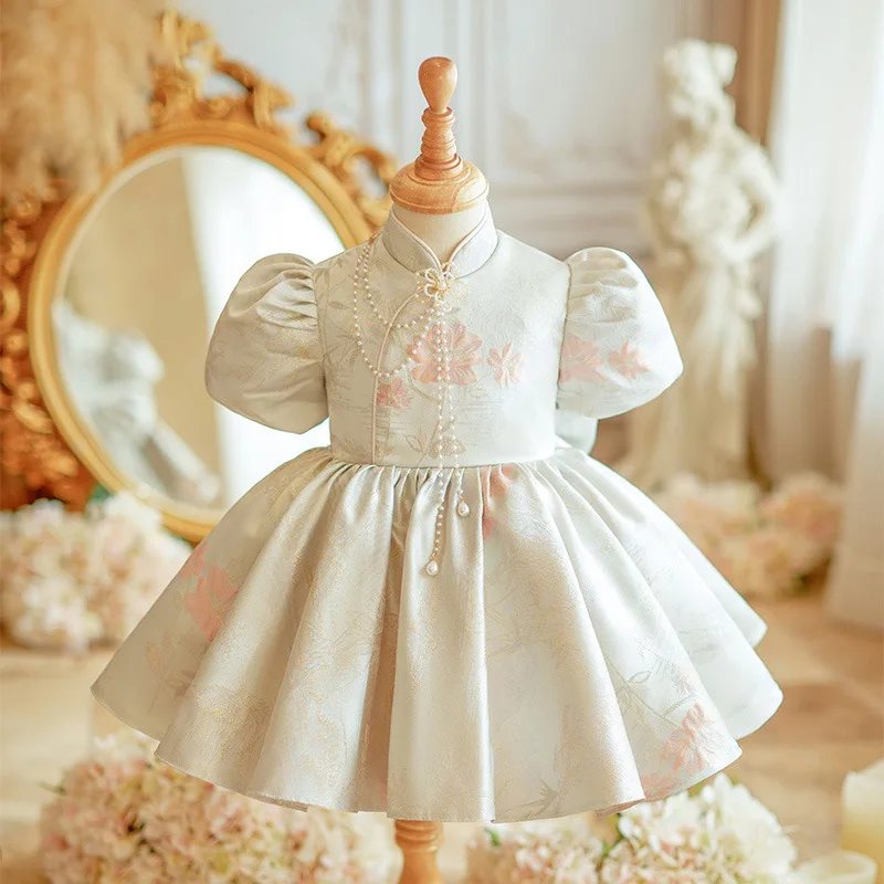 

Великолепное жаккардовое платье принцессы с жемчугом для девочек, детское свадебное платье с бантом, детские платья на 1-й день рождения
