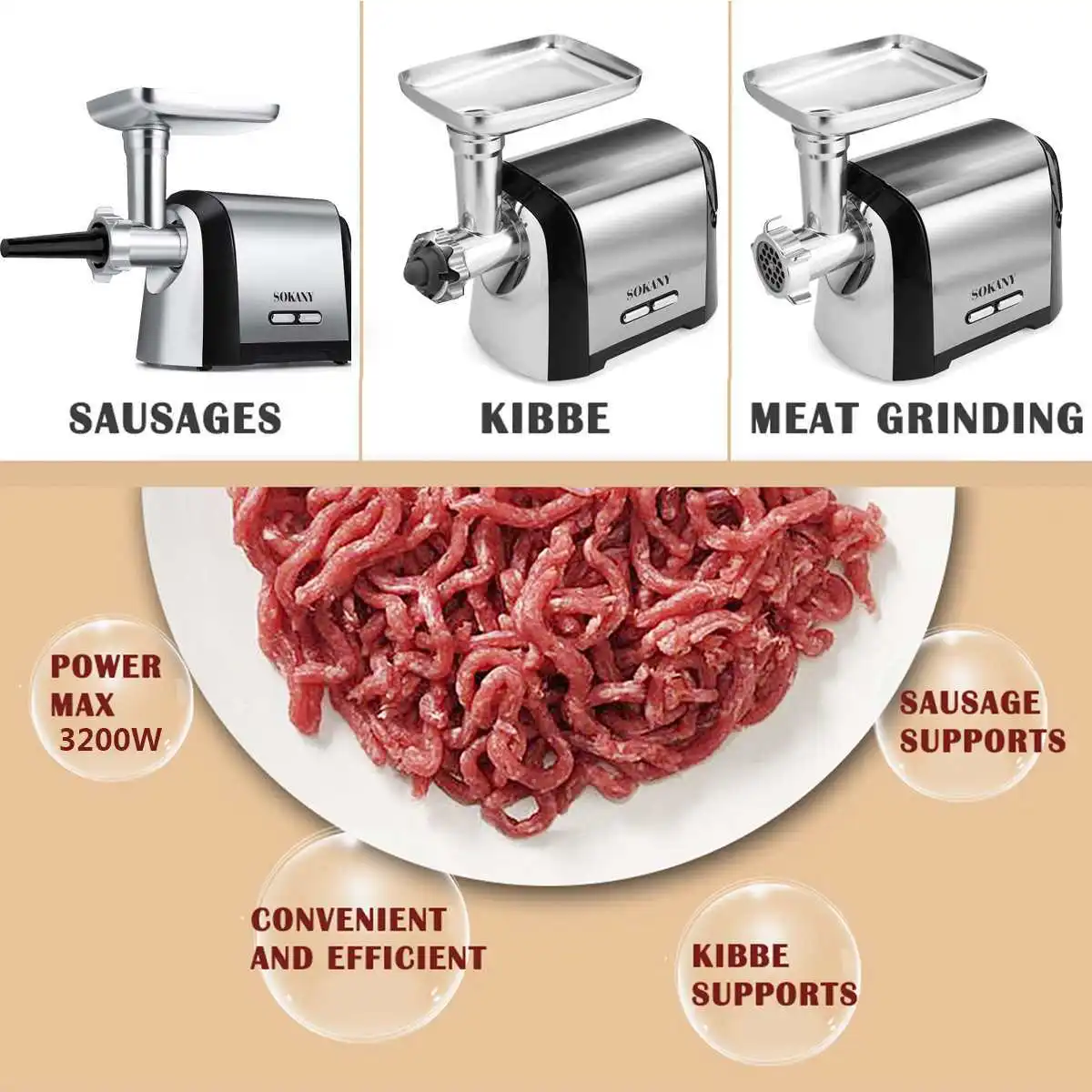 Electric Meat Grinders 3200W Stainless Steel Powerful Electric Grinder Sausage Stuffer Meat Mincer Home Kitchen Food Processor 4