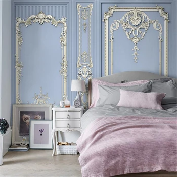 맞춤형 전체 집 유럽 모조 석고 라인 TV 배경 벽지, 거실 소파 침실 침대 옆 상자 3D 벽지