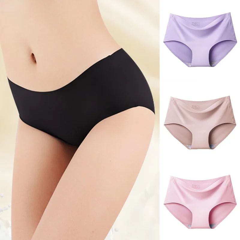 

Girls Antibacterial Comfortable Briefs Soft Silky Seamless Mid Waist Panties Solid Colour Underpants For Women