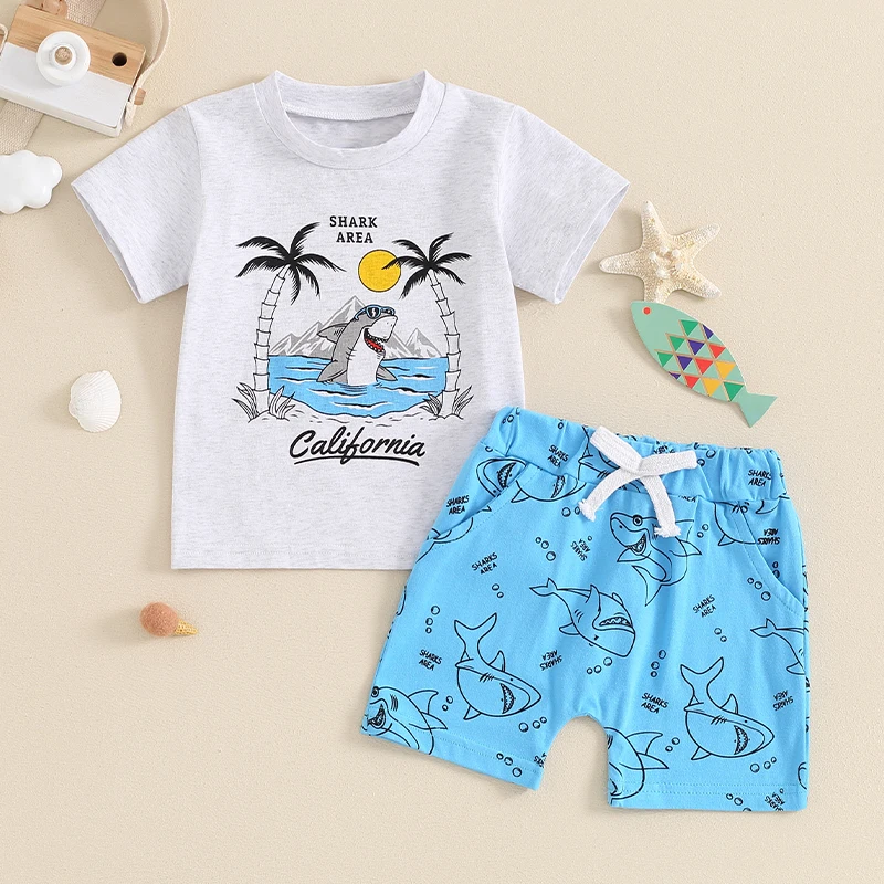 

2024-03-22 Lioraitiin 2Pcs Baby Boy Summer Outfits Short Sleeve Shark Print T-Shirt + Shorts Set Infant Clothes