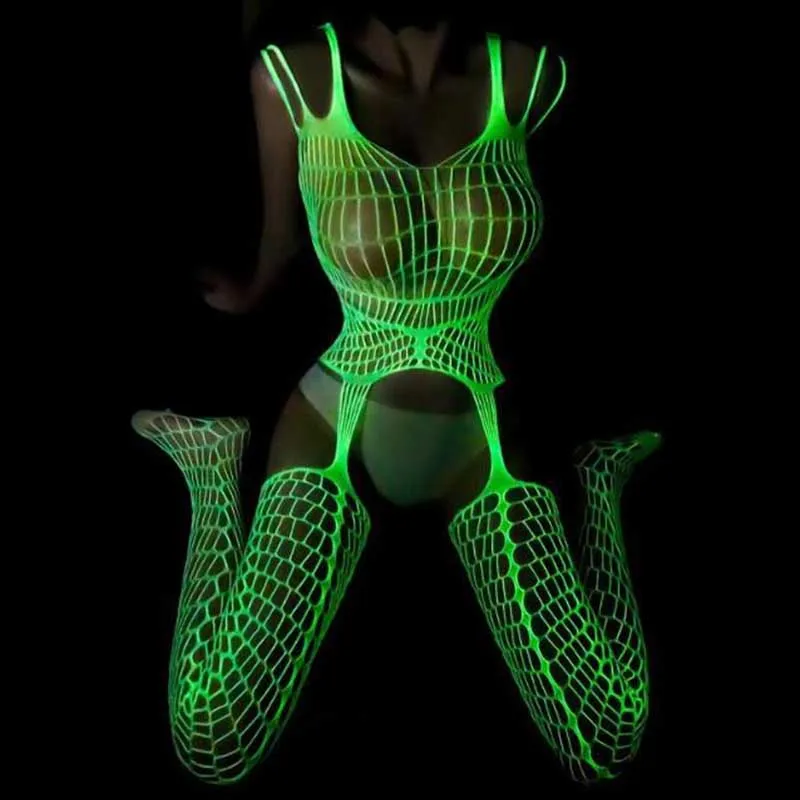 

Sexy Nightlight Jumpsuit Glow In The Dark Fishnet Stockings Leggings Shining Light Mesh Clothes Perspective Luminous Socks