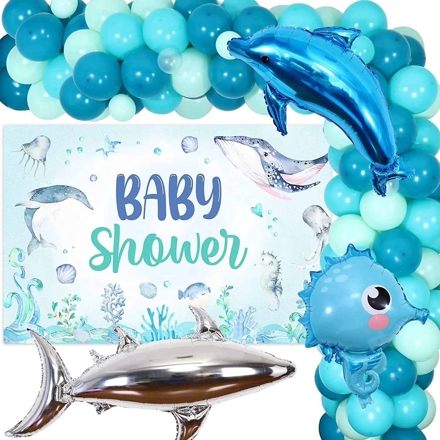 Balloon Garland Kit for Baby Shower, Under the Sea, Ocean Animals Backdrop,  Green and Blue, Dolphin and Shark, Decorations for B