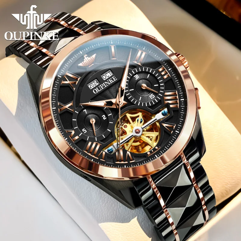 OUPINKE 3236 Men Watch Hollow Skeleton Date Luxury Mechanical Watch For Men Deep Waterproof Roman Scale Male Business Wristwatch