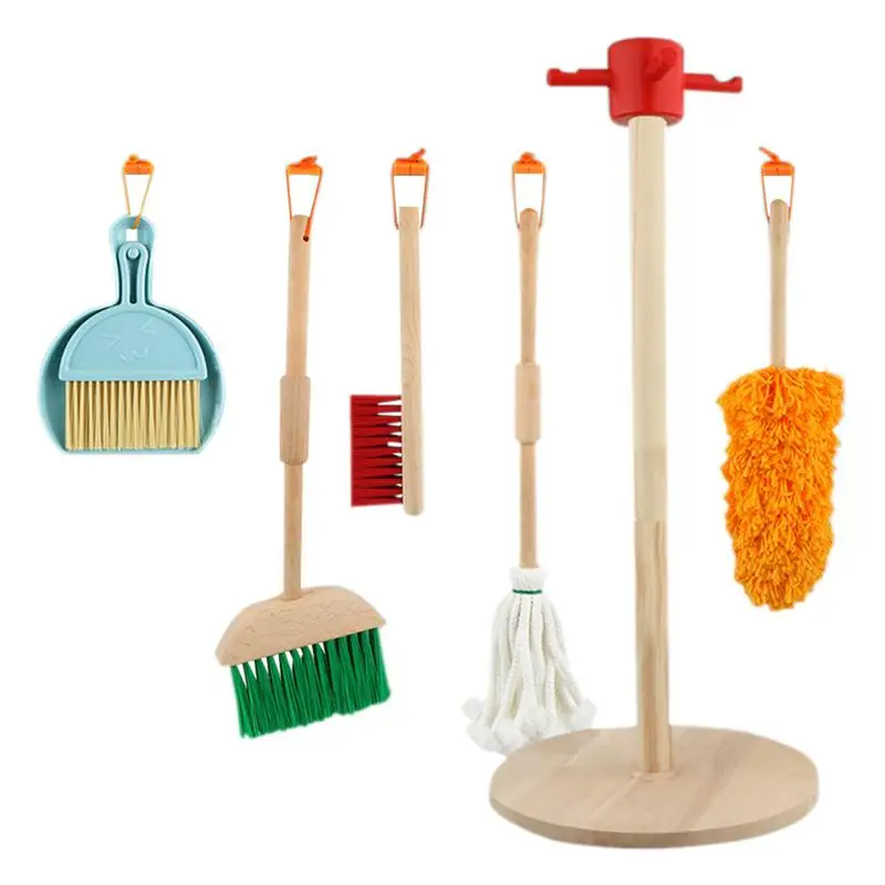 Playkidz Cleaning Role Set, 6pcs, Includes Mop, Brush, Broom, Dustpan, and Organizer Stand, Play Helper Realistic Housekeeping Set, Recommended for