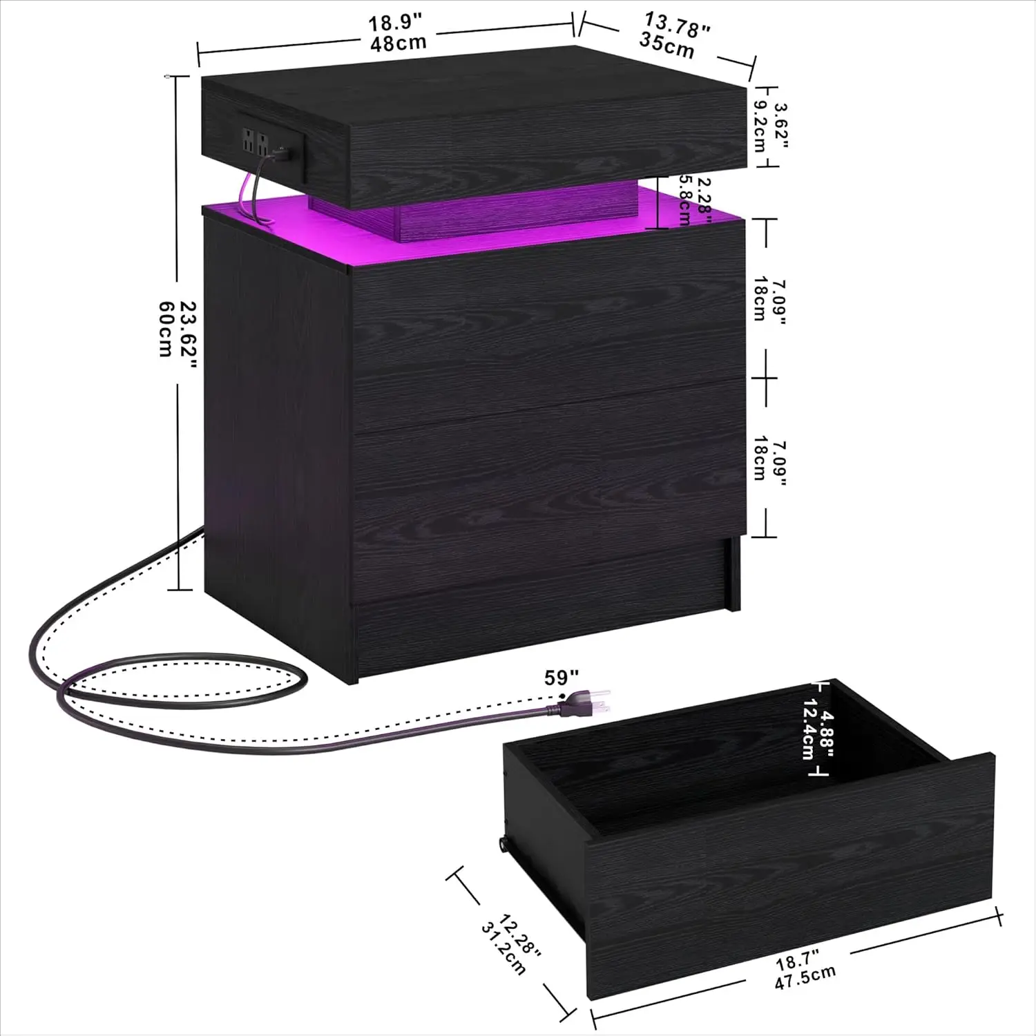 Nightstand showcasing drawers and soft-close mechanism