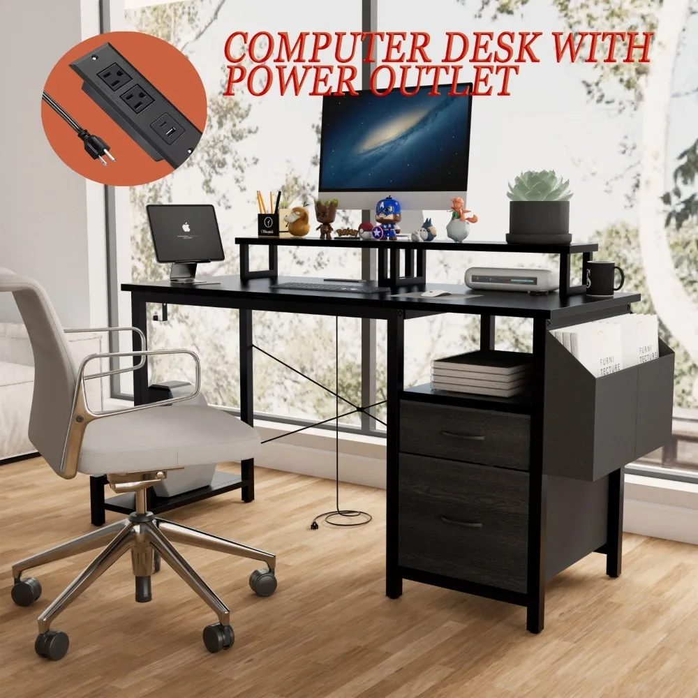 47.3" Computer Desk with Power Outlet,Monitor Stands,Shelves, Writing Table/Gaming Desks with Drawers,Office Desk 5