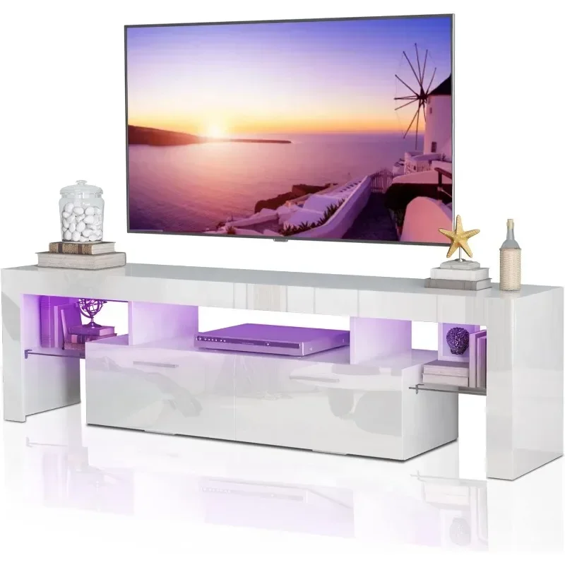 

Extougend Modern White LED 63 Inch TV Stand with Storage and Entertainment Center for 50 55 60 65 70 75 Inch TVs