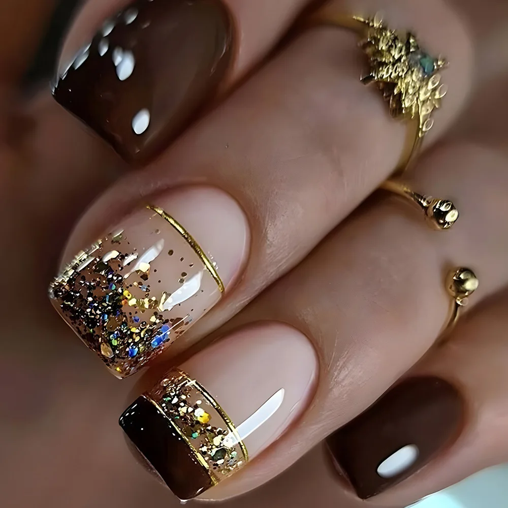 Short Square False Fake Nails 24Pcs Jelly Adhesive Glitter Gradient Design Detachable Full Cover Press on Nails
