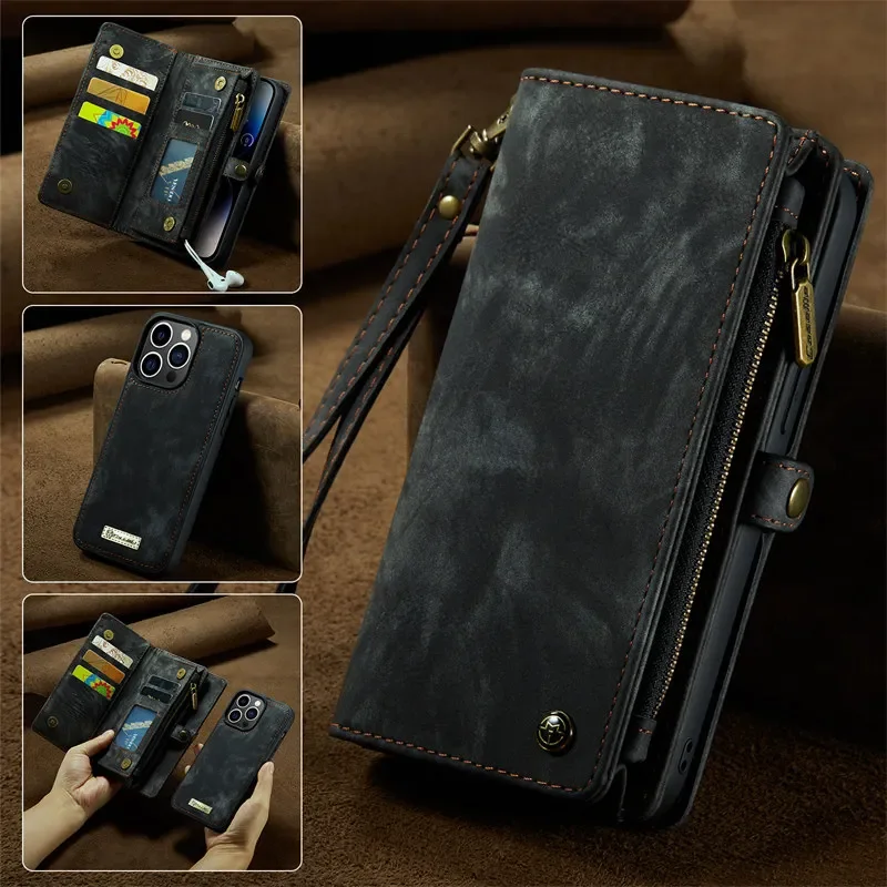 CaseMe Lanyard Leather Wallet with Magnetic Zipper and Card Holder