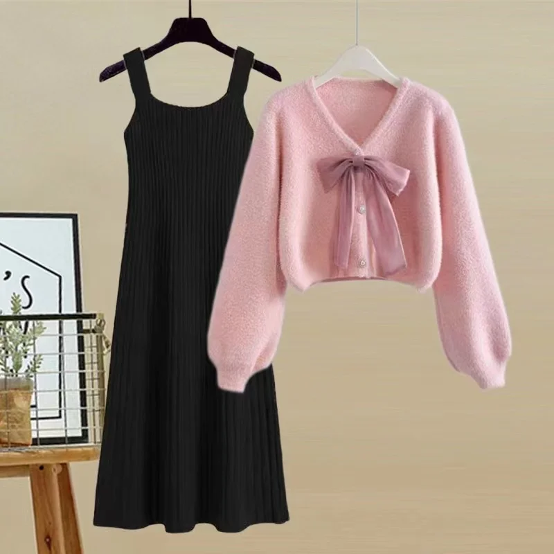 

Fall Winter Knitted Two Pieces Sets Womens Sweet Outfit For Women Temperament Pink Knitted Sweater+ Knitting Dresses Sets