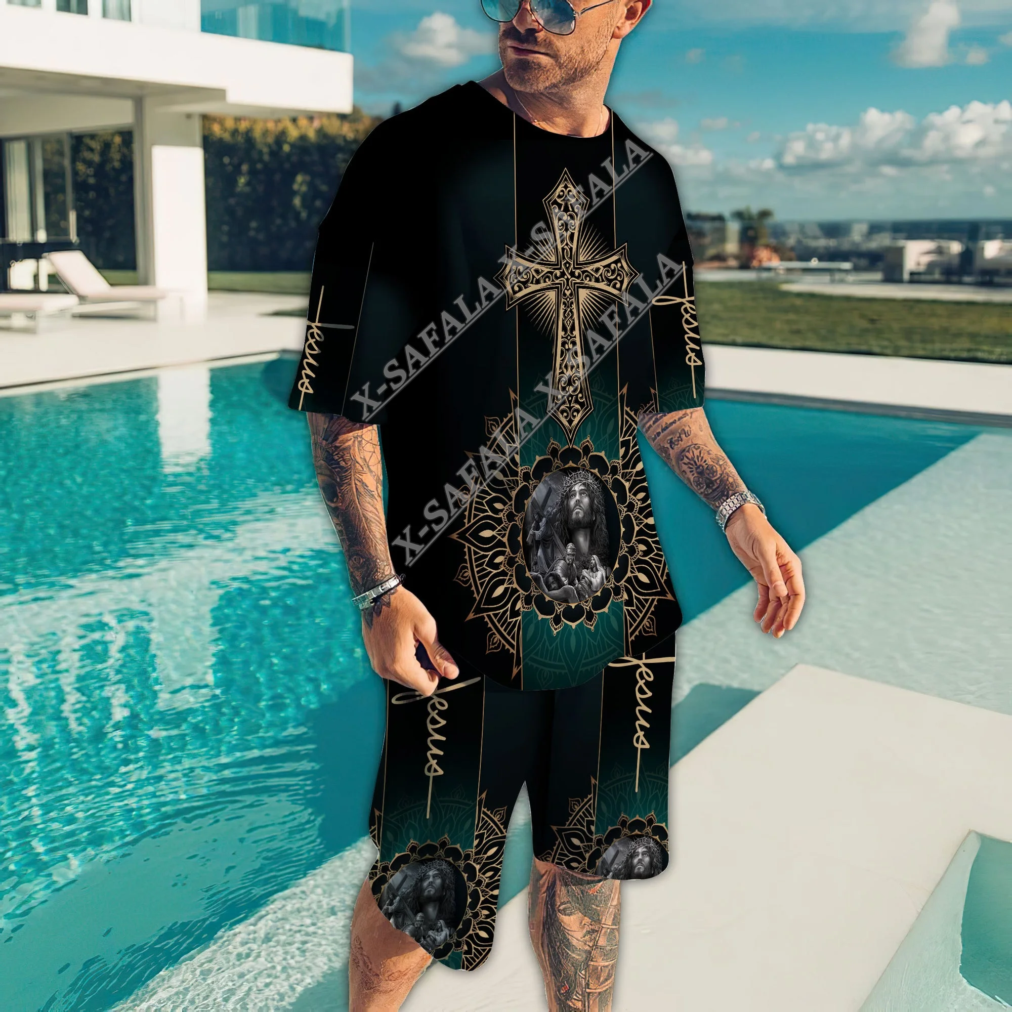 

Мужская футболка с принтом Иисуса, крест, Бог, Вера, молитвенный Христос, короткий пляжный комплект, Мужская Летняя Повседневная футболка с коротким рукавом, комплект с шортами-9