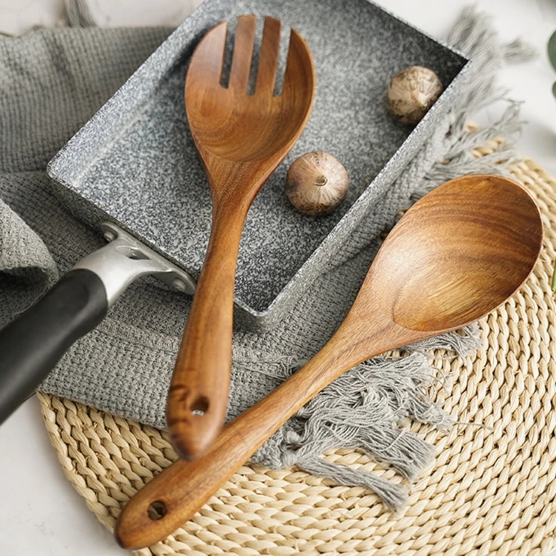 2Pcs Wooden Salad Servers Spoon and Fork Set Long Handle Large Dinner
