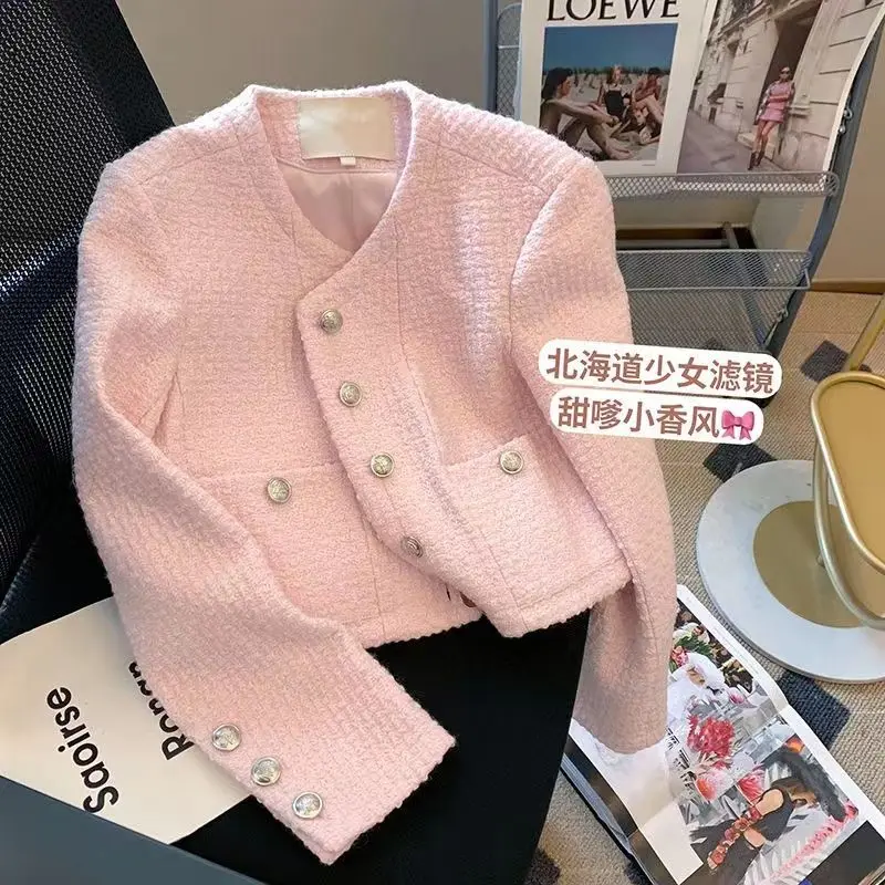 Pink Korean Cropped Tweed Jacket Women Luxury Spring Autumn Round Neck Design Coat Ladies Office Single Breasted Vintage Outwear