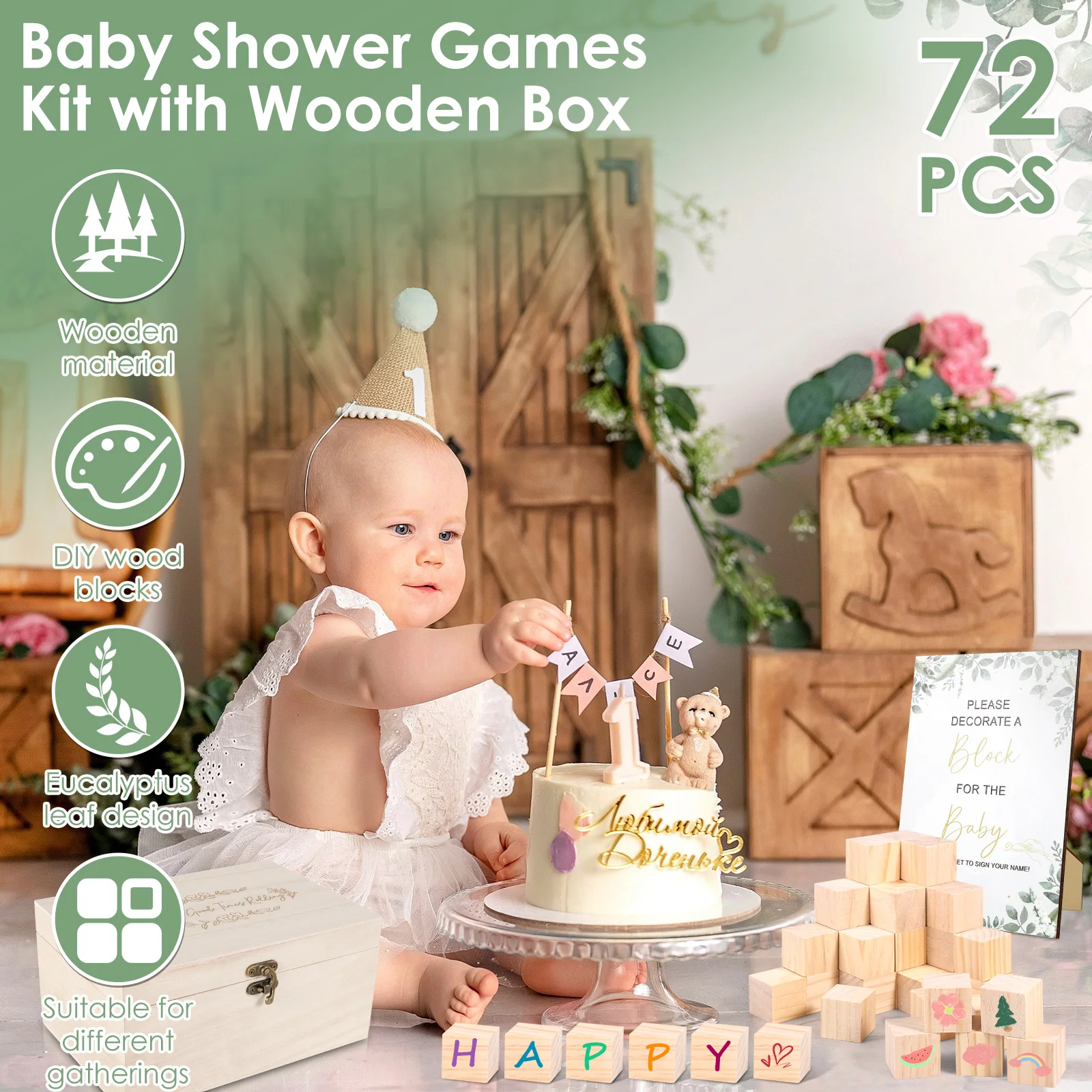50/78Pcs Fun Baby Shower Games Sign Kit Baby Shower Wooden DIY Blank Blocks to Decorate Game Kit Freehand Painting Markers