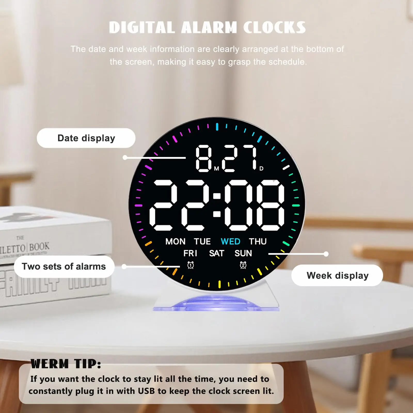 Compact Bedside Digital Alarm Clock with Night Light and Dual Alarms