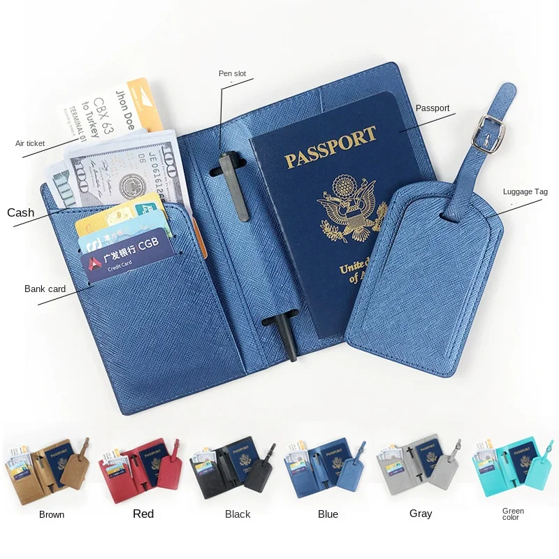 Custom Name Passport Cover Luggage Tag Set Fashion PU Leather Ticket
