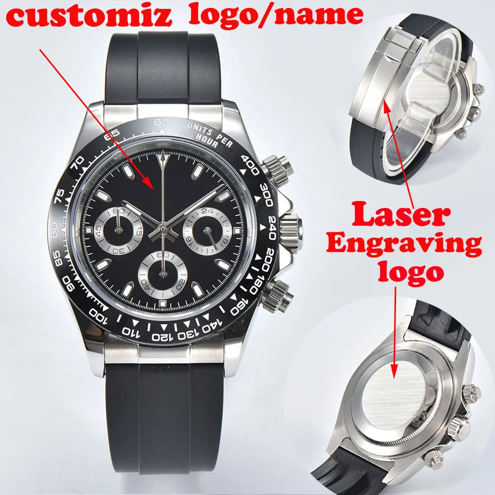 

Мужские часы 39,3 мм, часы с логотипом на заказ, лазерная гравировка, искусственная сталь, японский механизм VK63, сапфировое стекло, часы с таймером