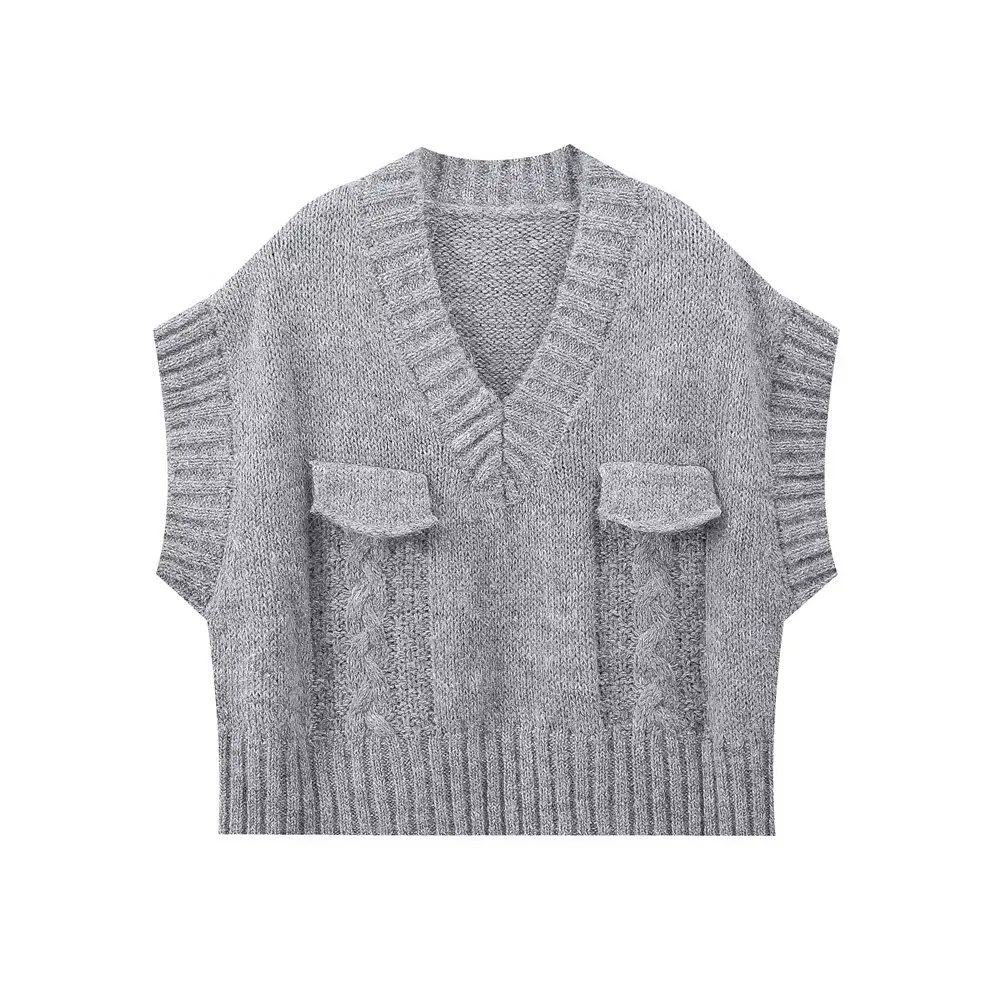 thumbnail image 1 of HH TRAF 2024 Chalecos de suéter de moda para mujer, cuello en V sólido, sin mangas, bolsillo falso, decoración, tops de punto de otoño para mujer, 3 colores de moda, 1 of 5