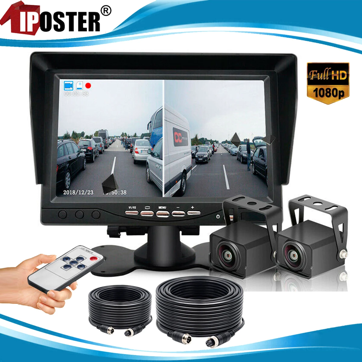 

iPoster 7 Inch Split 2 Screen DVR Monitor 2x AHD 1080P 4PIN Mini Size Rear View Reversing Camera 12-24v For Trailer Caravan Rv