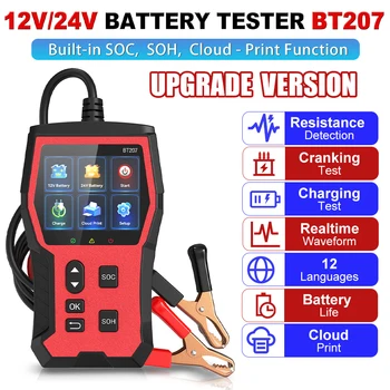 Tester per Batterie Auto Strumento Diagnostico Rilevatore di Batterie Automotive Digitale Intelligente BT207 12V 24V Display LCD con Stampa Cloud
