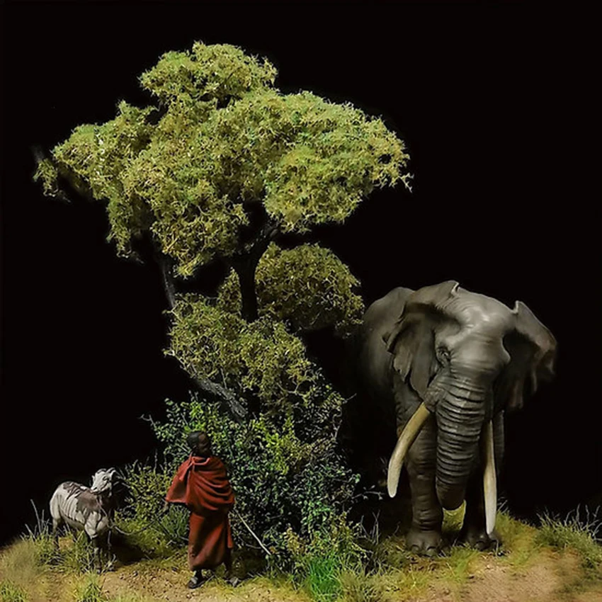 Unmontierte 1/32 Figur „Begegnung zwischen Masai und afrikanischem Elefanten“ aus Kunstharz, Miniaturmodellbausätze, unbemalt