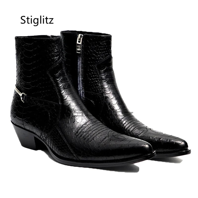 Genuine Leather Embroidery Men's Boots Pointy Chelsea Boots Snakeskin Metal Decor Chunky Heeled Ankle Boots Party Male Shoes