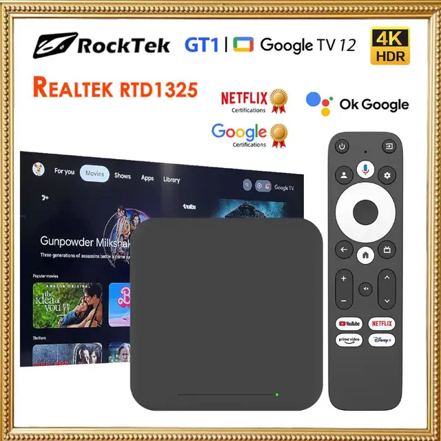 Google TV 12 Box Сертифицированный Netflix медиаплеер Realtek1325 RockTek GT1 UHD Dolby Atmos Sound 2T2R Wifi5 BT5.2 Android 12.0 BOX