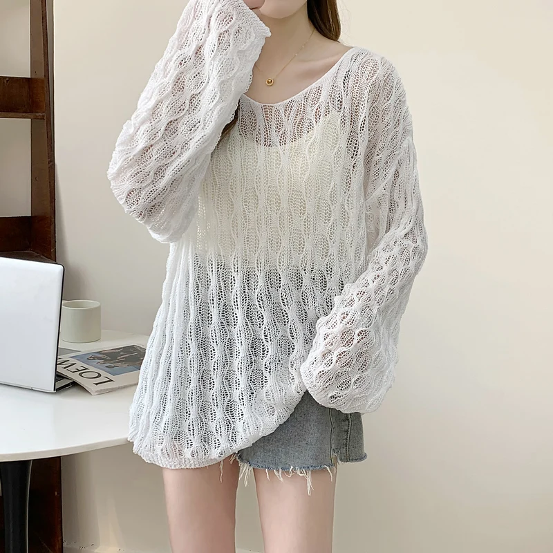 New Autumn Women's Clothing Hollow Round Neck Women's Long-sleeved Solid Color Top Casual Sweater Loose Jumper Knitwear