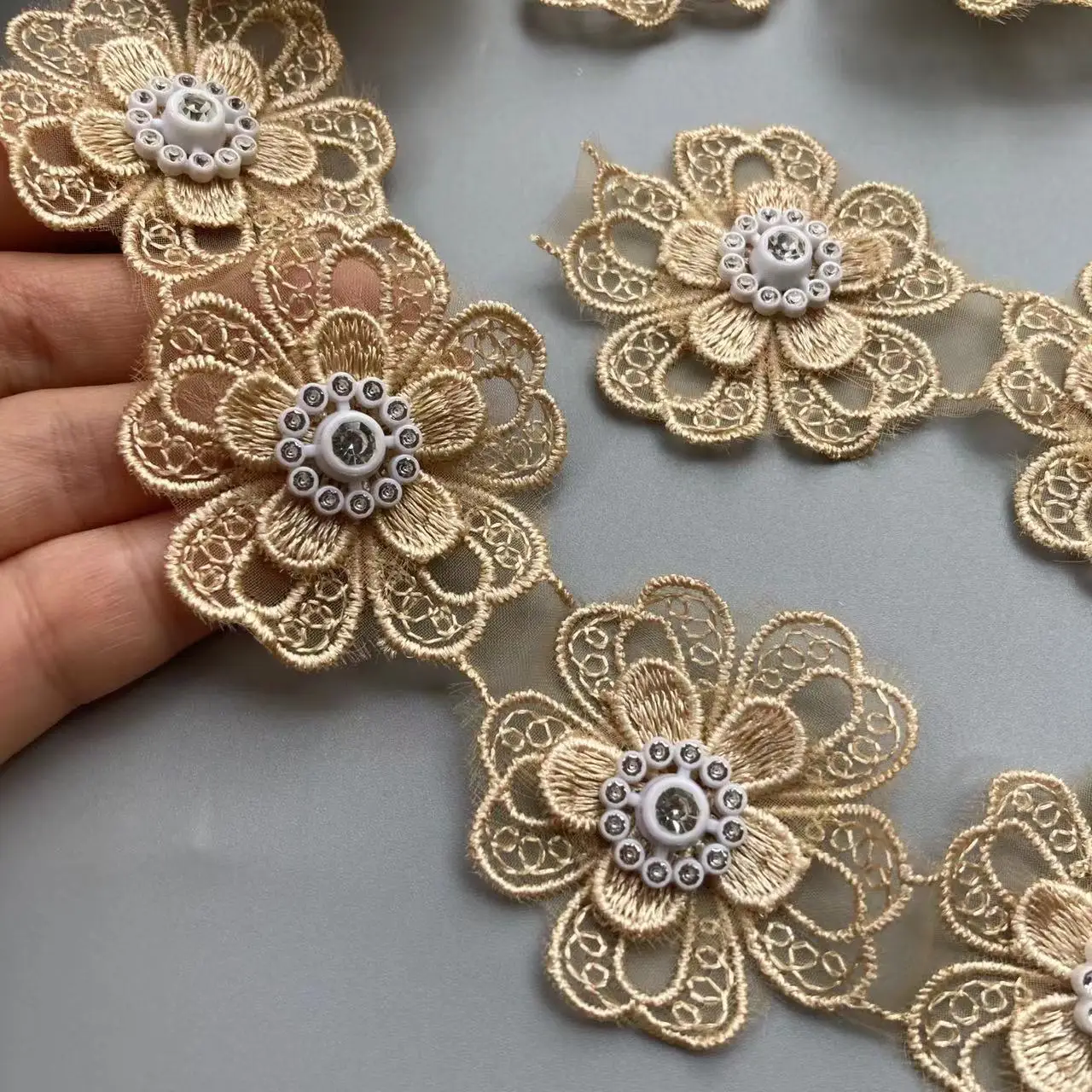 

10x Gold 5x5cm 3D Cotton Pearl Flower Embroidered Lace Trim Ribbon Fabric Handmade DIY Wedding Dress Sewing Supplies Craft New