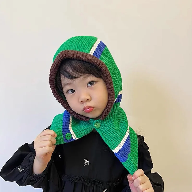 Winter Warm Baby One Piece Scarf Cap 3-6year Kid Ear Protection Knit Hat Korean Stripe Children Balaclava Headgear Hooded Beanie 4