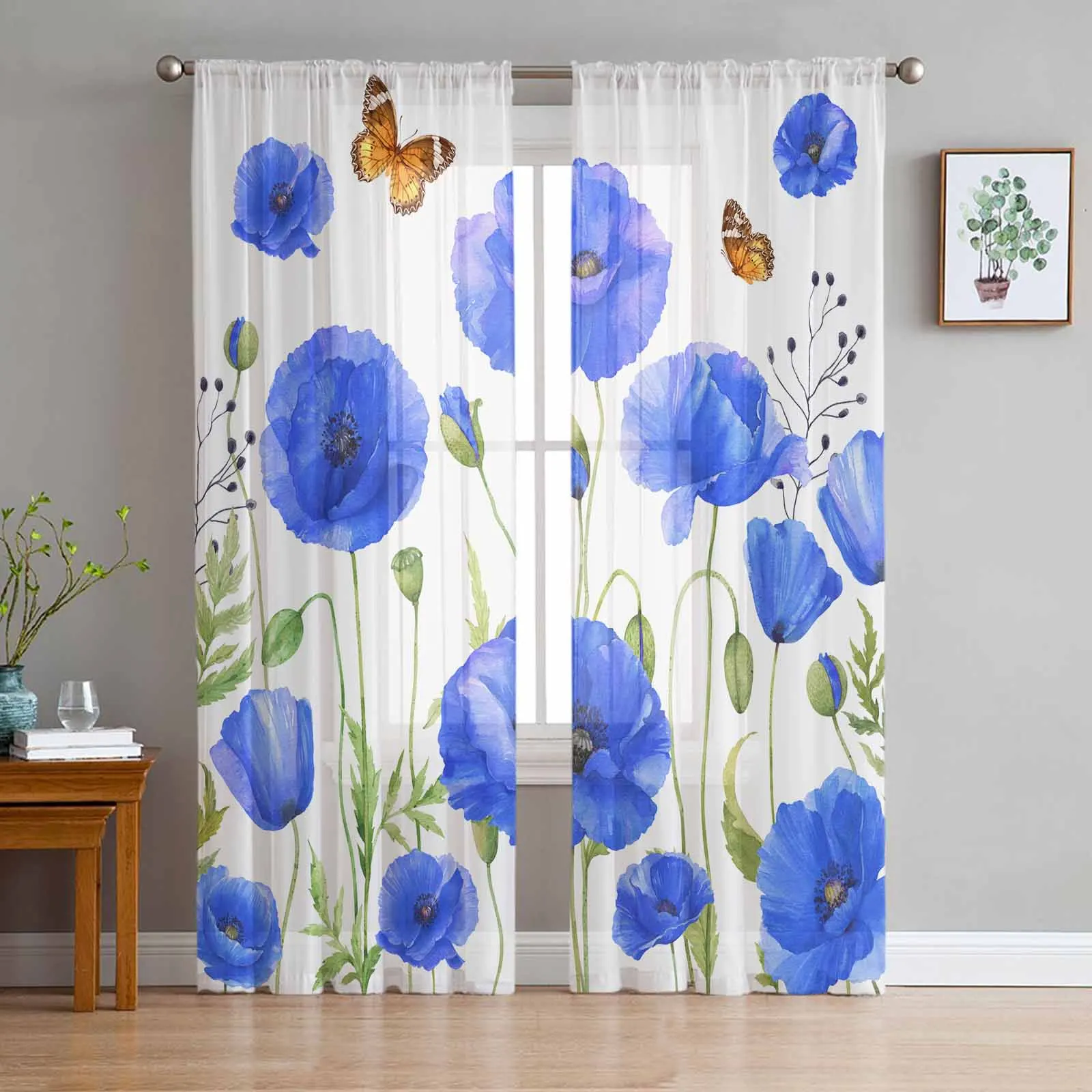 

Blue Retro Watercolor Poppy Flower Sheer Curtain Living Room Drapes Home Bedroom Voile Curtain Tulle Window Curtain