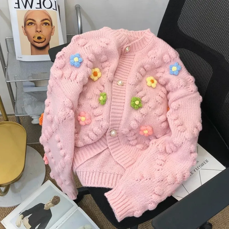 Pom Pom Chunky Knit Cardigan Beige Pom Pom Floral Chunky Knit