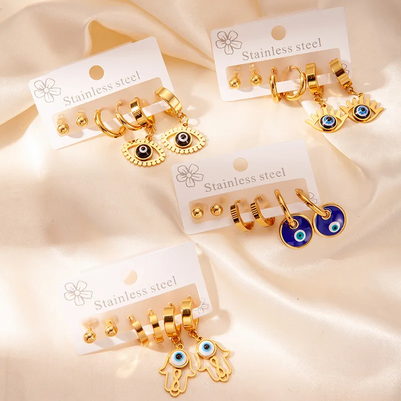 Chic Stylish Trendy 18K Gold Plated Stainless Steel Blue Turkish Eyes Earrings Jewelry 3Pair/Set Earrings For Women 1