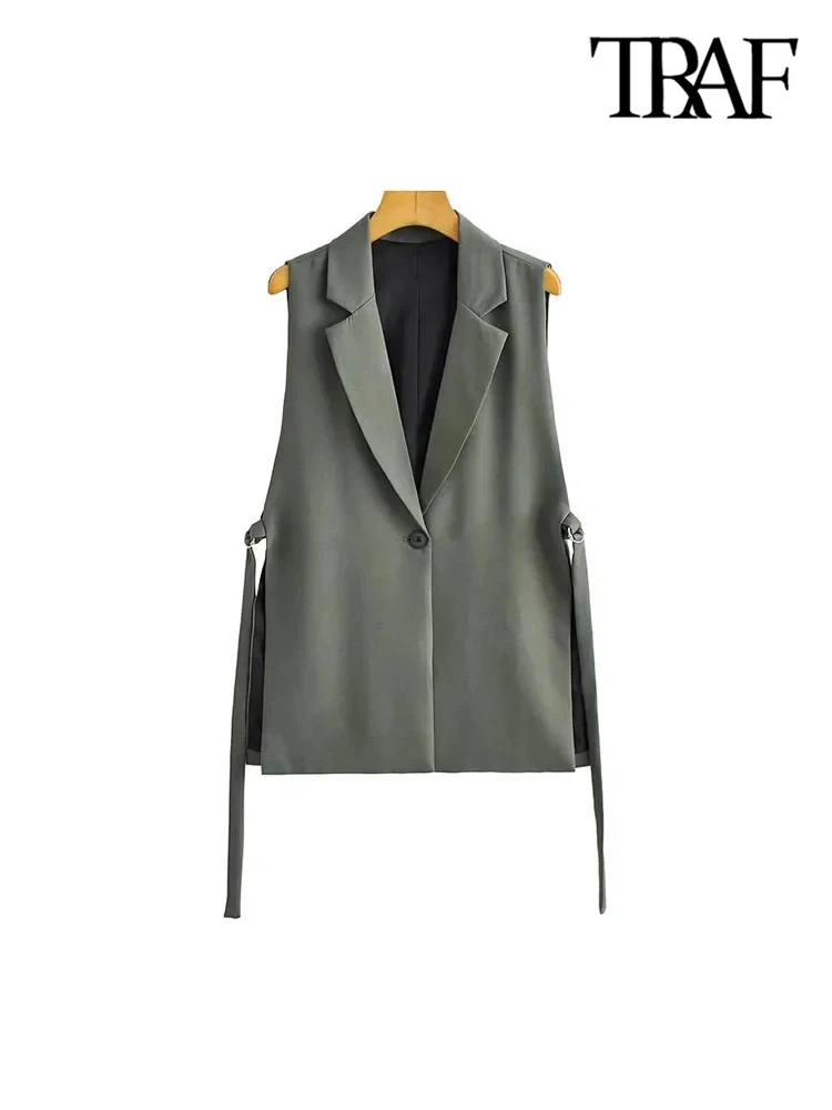 TRAF Women Fashion With Taps Side Vents Waistcoat Vintage Sleeveless Front Button Female Outerwear Chic Vest Tops 6