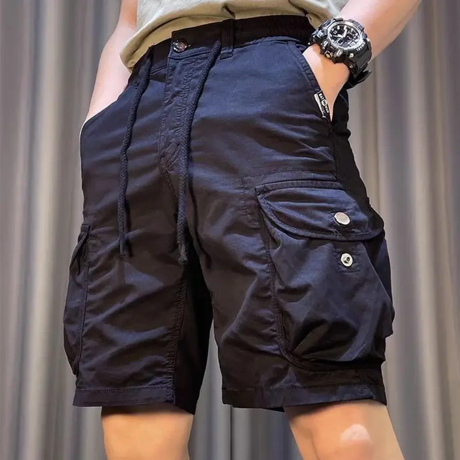 주머니가 있는 남성용 짧은 바지, 녹색 단추 카고 반바지, 우아하고 크고 큰 럭셔리 옴므, 나일론 인기 코튼 와이드, 신제품