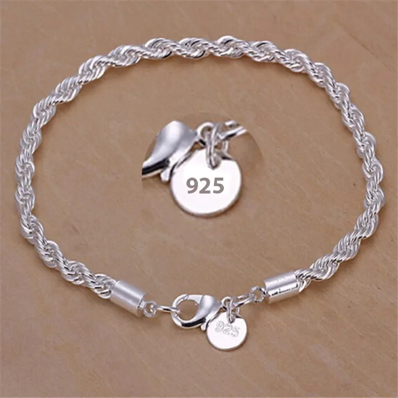 

AGTEFFER New High quality 925 Sterling Silver 4MM Women Men chain Male Twisted Rope Bracelets Fashion Silver Jewelry