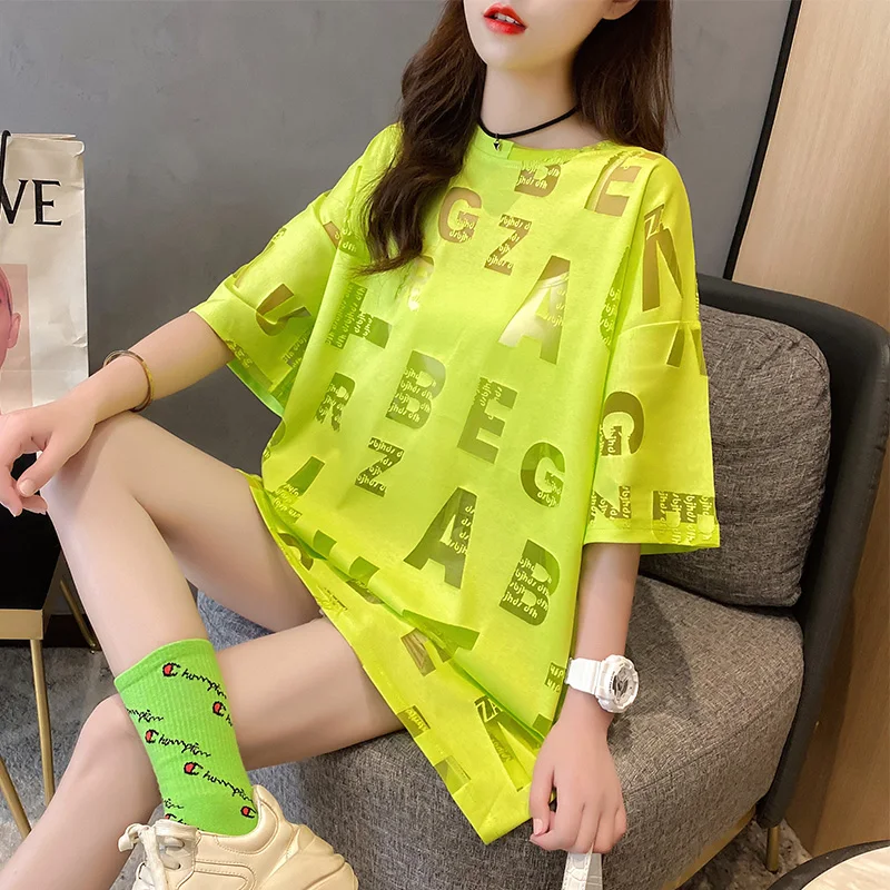 여성용 반팔 레터 할로우 아웃 티셔츠, 여성용 얇은 루즈 티셔츠, 하라주쿠 스트리트웨어, 섹시 핑크, 0606 네온 옐로우