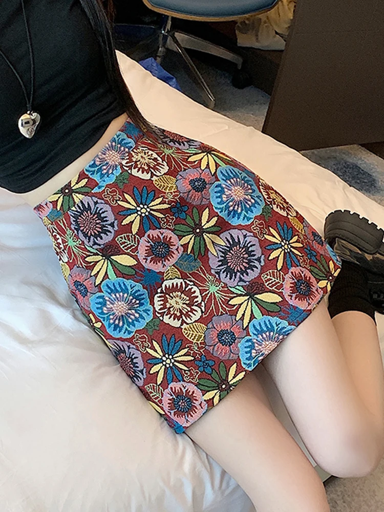 

Y2k Skirt Mini Skirts Women Embroidery Print A-Line High Waisted Slim Vintage with Liner Zipper Fly Fashion 2023 Summer