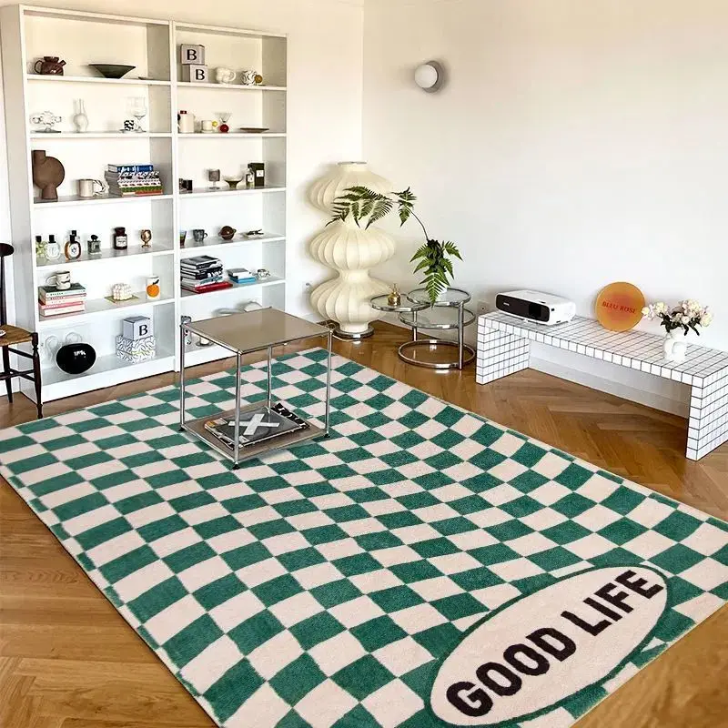 

Ins Style Checkerboard Rotating World Plaid Carpet Door Mat Plush Living Room Bedroom Carpet Non-slip Absorbent Cushion