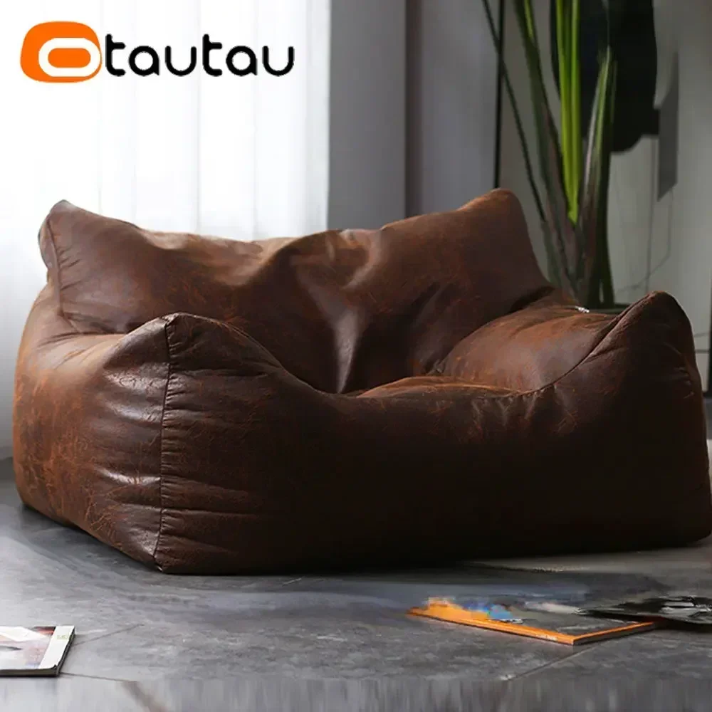 OTAUTAU Filled Adults Faux Retro Suede Leather Pouf Bean Bag with Filler Comfy King Size Armchair Lazy Single Sofa SF042