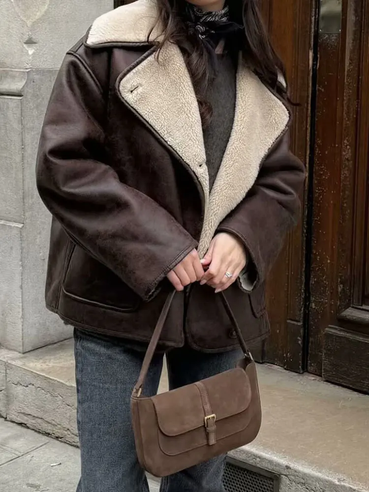 HH Autumn Winter Women Warm Faux Leather Jacket Single Breasted Long Sleeve Lapel Pockets Coats Female Casual Fleece Outerwear