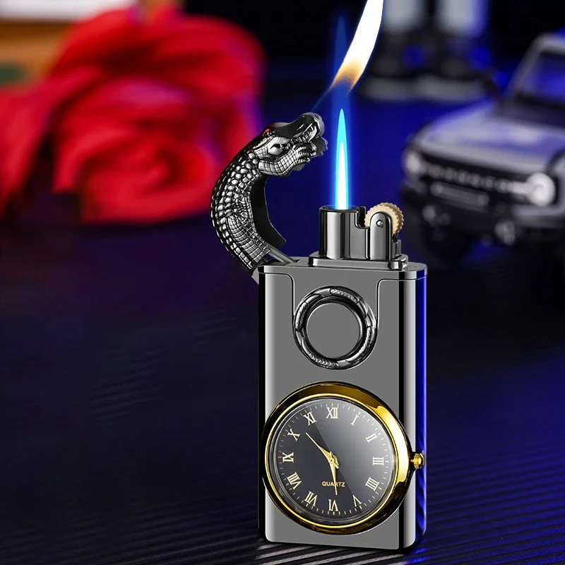 

New Metal Watch Double Fire Crocodile Lighter Windproof Multi functional Direct Spray Flame Inflatable Lighter Men's Gift