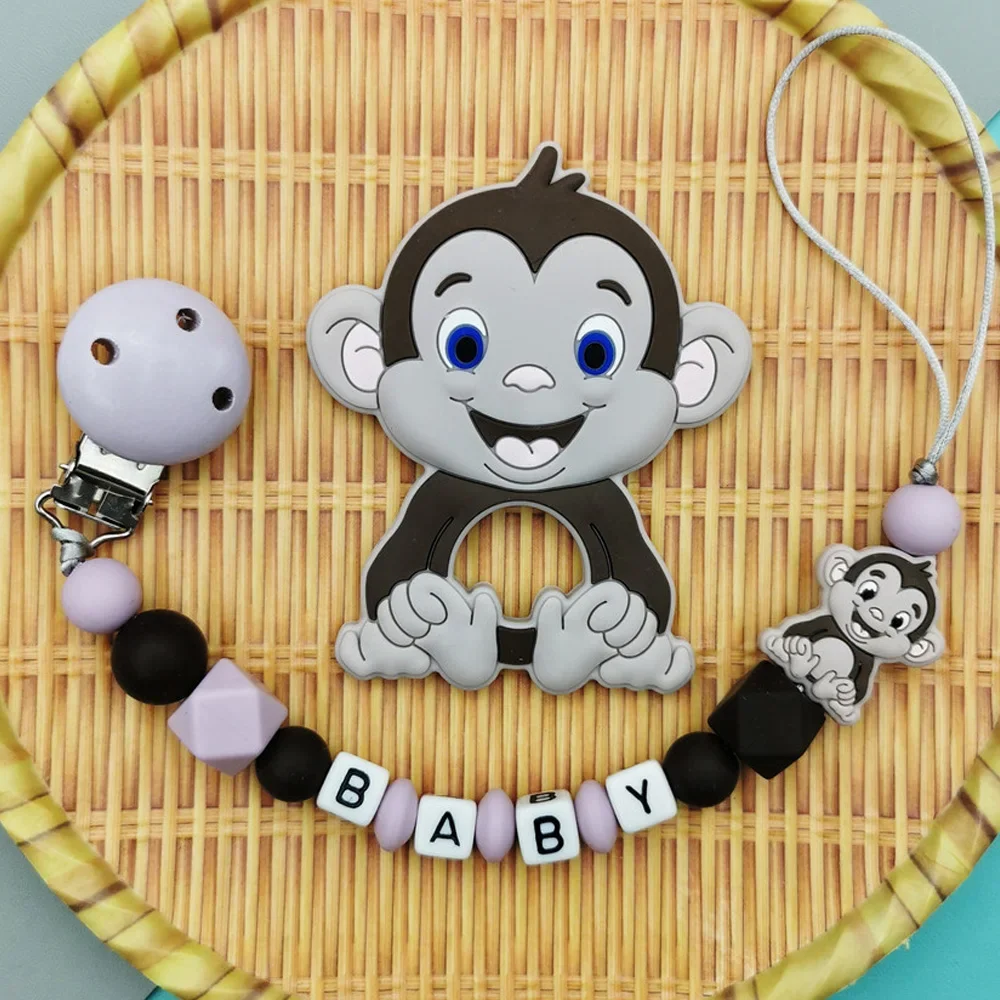Custom English Letter Name Baby Silicone Monkey Beads Pendant Pacifier Clips Chains Chew Teether Baby Pacifier Kawaii Toy Gifts 10pc silicone teether beads lion baby toy diy pacifier chain necklaces pendant bite chew bite chew rodent for teething kids toys
