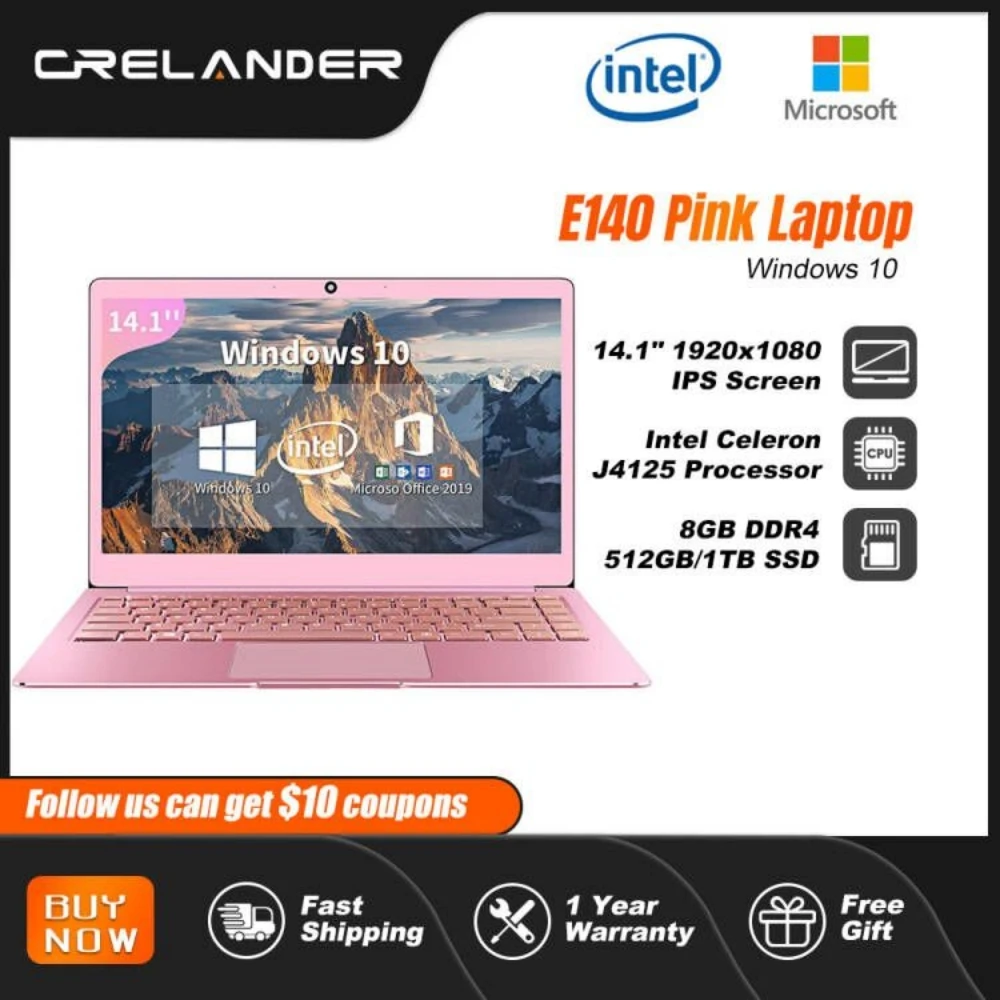 Ноутбук CRELANDER, розовый ноутбук 14 дюймов, процессор Intel J4125, 8 Гб DDR4, Windows 10, металлический ноутбук для ПК, портативный ноутбук для студентов