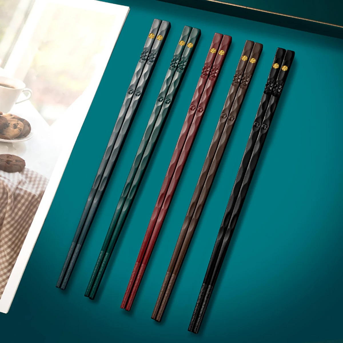 5Pcs Reusable Chinese Chopsticks Food Sushi Sticks Alloy Non Slip Dishwasher Safe Bamboo Shape Food Grade Chopsticks